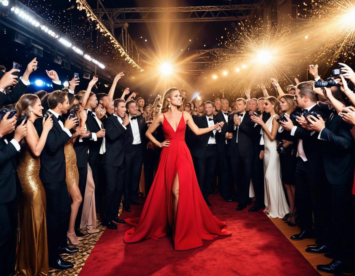 A glamorous red carpet scene filled with A-list celebrities posing for the paparazzi, with flashing cameras capturing their every move. The background is adorned with golden spotlights and an audience of excited fans. The stars are dressed in high-fashion outfits, exuding charisma and confidence, conveying the allure of fame. Include glimmering stars in the night sky above to enhance the enchanting atmosphere. painting. vibrant colors. 3D.