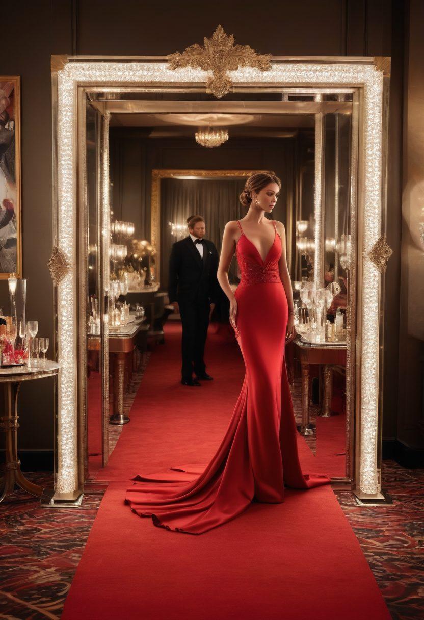 A glamorous red carpet scene featuring a diverse group of famous celebrities dressed in stunning designer outfits, surrounded by flashing cameras and adoring fans. In the background, glimpse into their daily rituals with elements like a luxurious vanity mirror, elegant champagne flutes, and trendsetting accessories scattered around. The atmosphere is lively, with sparkling lights and a hint of exclusive celebrity lifestyle. super-realistic. vibrant colors. glamorous. cinematic.