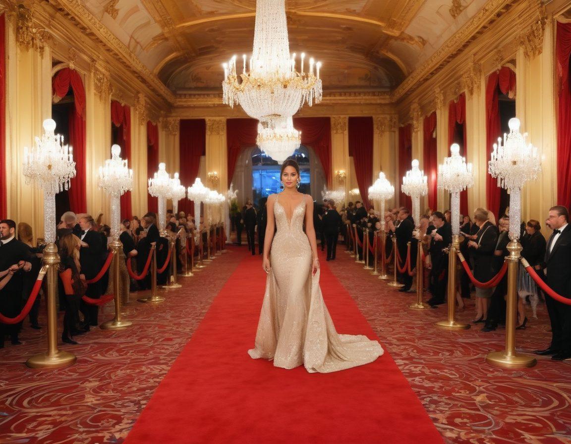 A dazzling red carpet event featuring glamorous A-list celebrities in stunning designer gowns and tuxedos. The scene is filled with bright flashbulbs from photographers capturing the glitz and glamour, while a luxurious venue sparkles in the background. Include elements like elegant chandeliers and stylish onlookers to enhance the luxurious atmosphere. Super-realistic. vibrant colors. dramatic lighting.